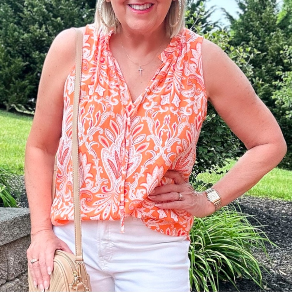 LOFT Orange and White Paisley Sleeveless Blouse
